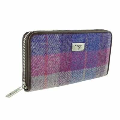 Harris Tweed 'Staffa' Long Zip Purse in Purple/Pink Tartan