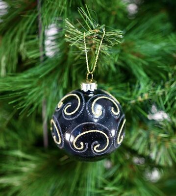 Matt Black Glass Bauble - Gold Swirls