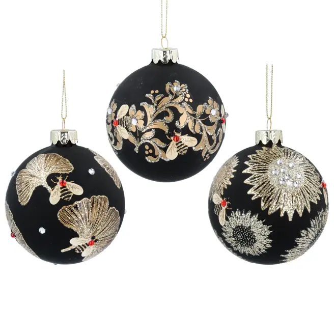 Matt Black Glass Gold Bauble - Leaves/Bee