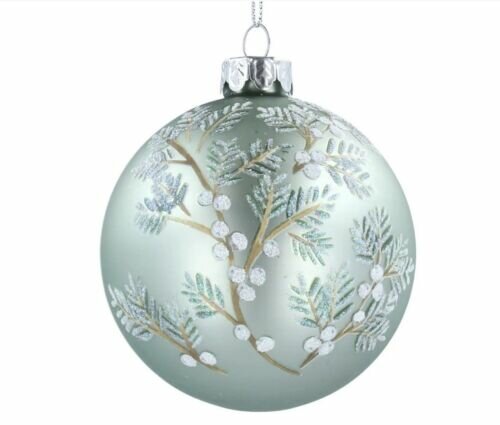 Matt Pale Green Glass Ball - White Twig/Berries