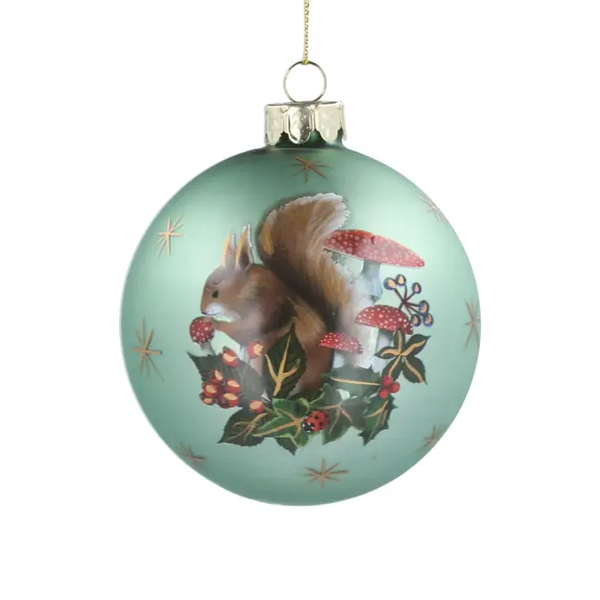 Matt Pale Green Glass Bauble - Squirrel/Toadstool