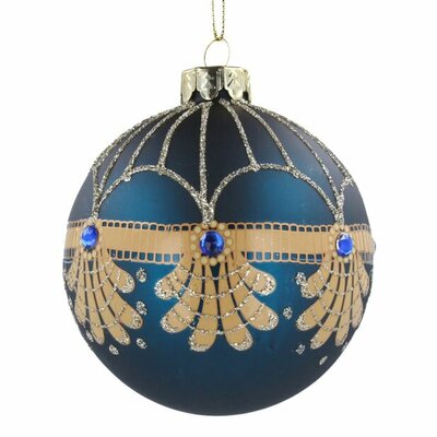 Matt Teal Blue Glass Ball - Gold Jewel Scallops