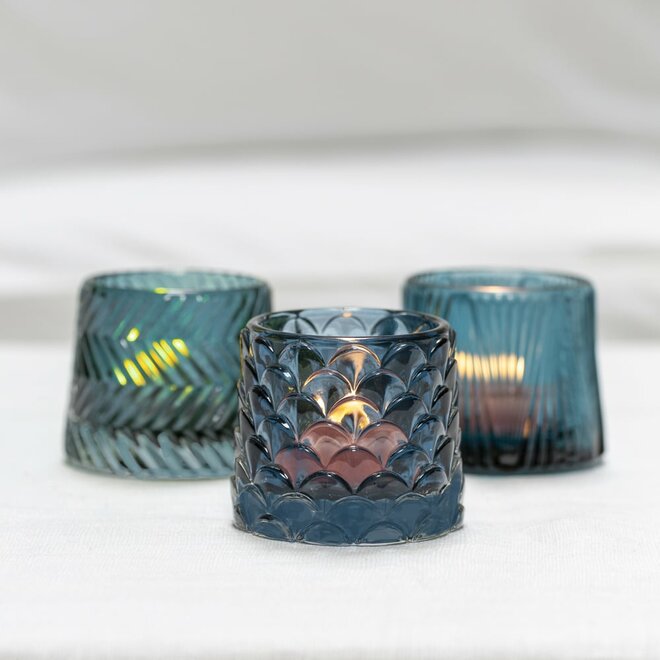 Tea Light Holder Pontus Blue 3 Assorted Designs 7x8cm /12
